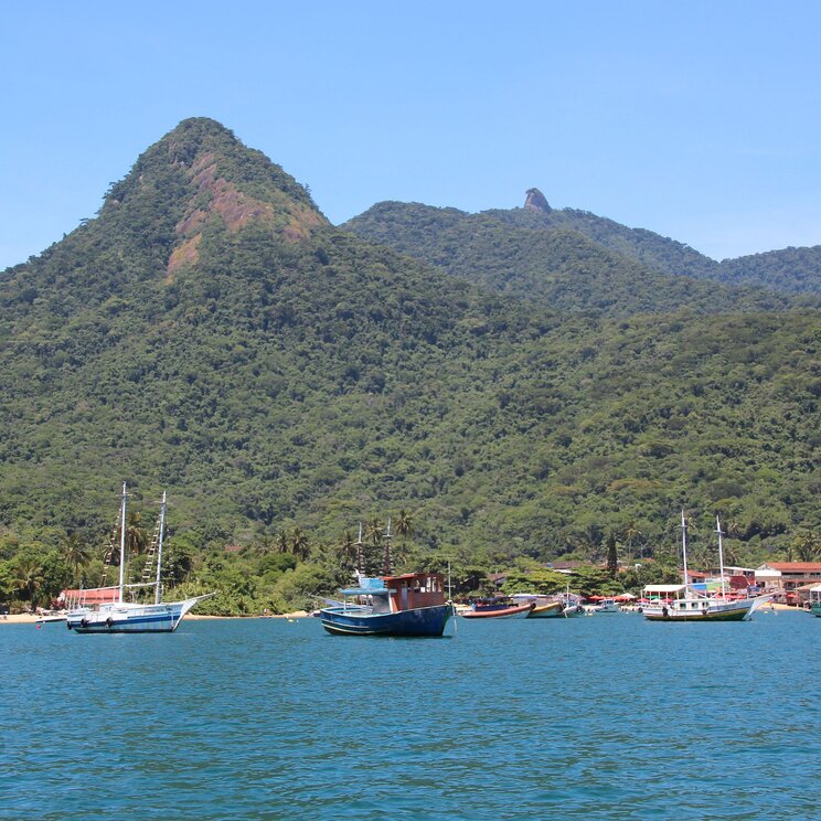 Blick auf die Küste von Ilha Grande, Brasilien, mit majestätischen Hügeln, üppiger Vegetation und Booten im klaren Wasser.
