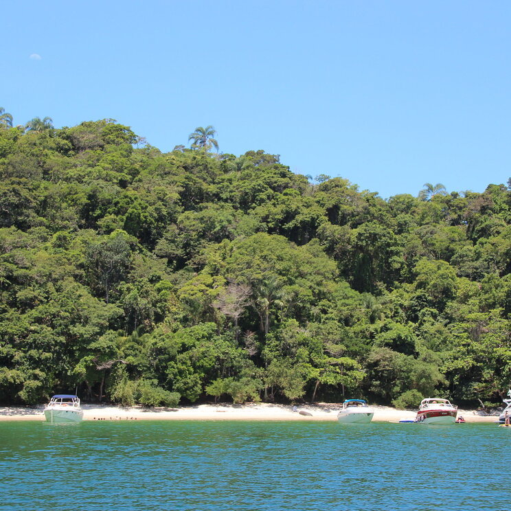 Blick auf die Küste von Ilha Grande, Brasilien, mit majestätischen Bergen im Hintergrund und bunten Booten am Strand