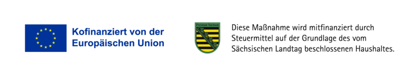 Förderlogos: EU-Emblem mit dem Hinweis „Kofinanziert von der Europäischen Union" sowie das Wappen des Freistaates Sachsen mit dem Hinweis „Diese Maßnahme wird mitfinanziert durch Steuermittel auf der Grundlage des vom Sächsischen Landtag beschlossenen Haushaltes".