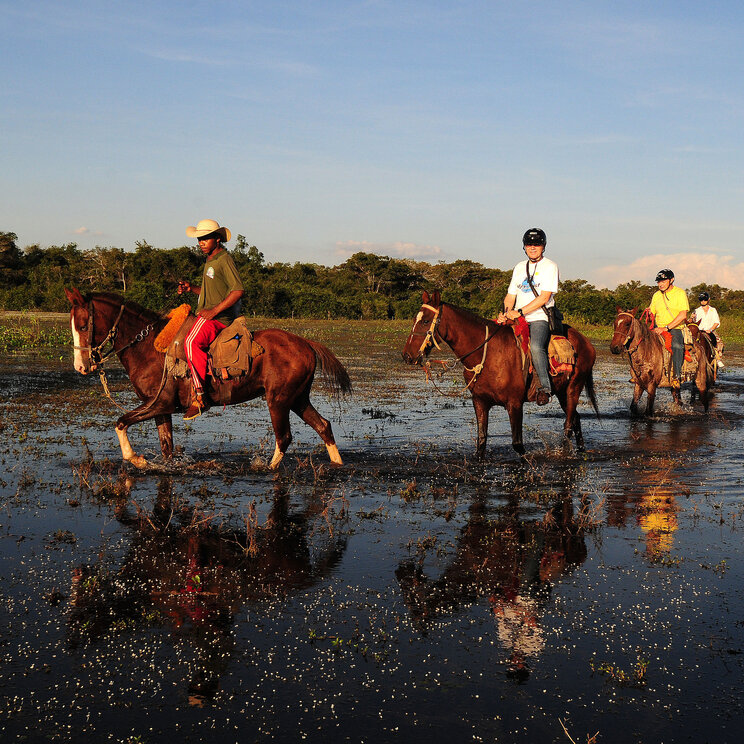 Gruppe von Reitern bei einem Ausritt durch überflutete Gebiete in der Pousada do Rio Mutum im Pantanal, Brasilien.