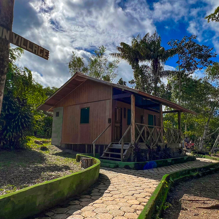 Gepflasterter Weg führt zu einem freistehenden Holzbungalow im Amazon Village, Brasilien.