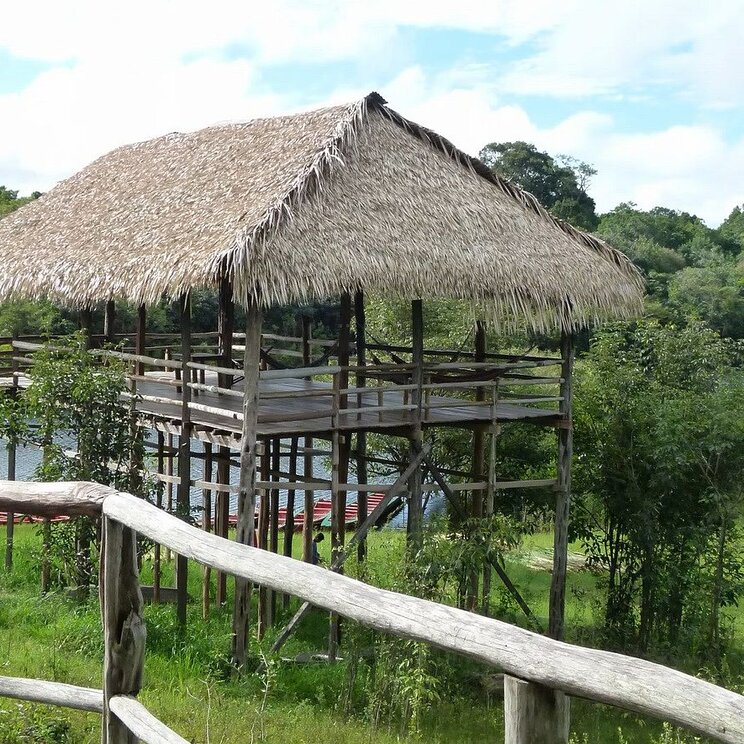 Blick auf die überdachte Aussichtsplattform des Tariri Lodge im Amazonas, Brasilien, umgeben von üppigem Grün und Wasserwegen, ideal für die Beobachtung der Natur.