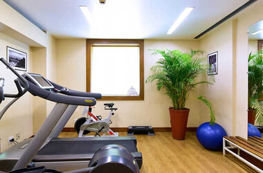 Fitnessraum im Pestana Sao Paulo mit Laufband, Heimtrainer und Gymnastikball vor einer Zimmerpflanze in Brasilien.