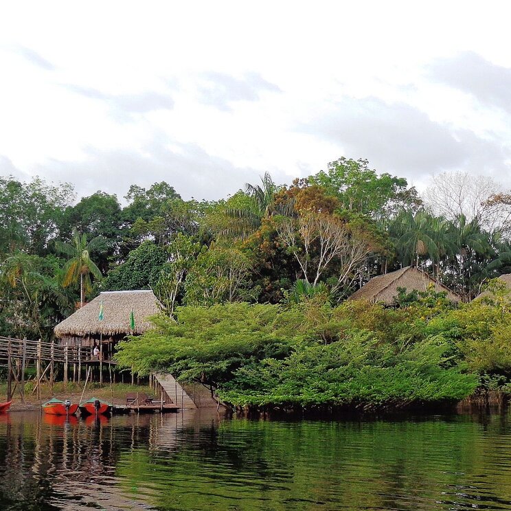 Blick auf die überdachte Aussichtsplattform des Tariri Lodge im Amazonas, Brasilien, umgeben von üppigem Grün und Wasserwegen, ideal für die Beobachtung der Natur.