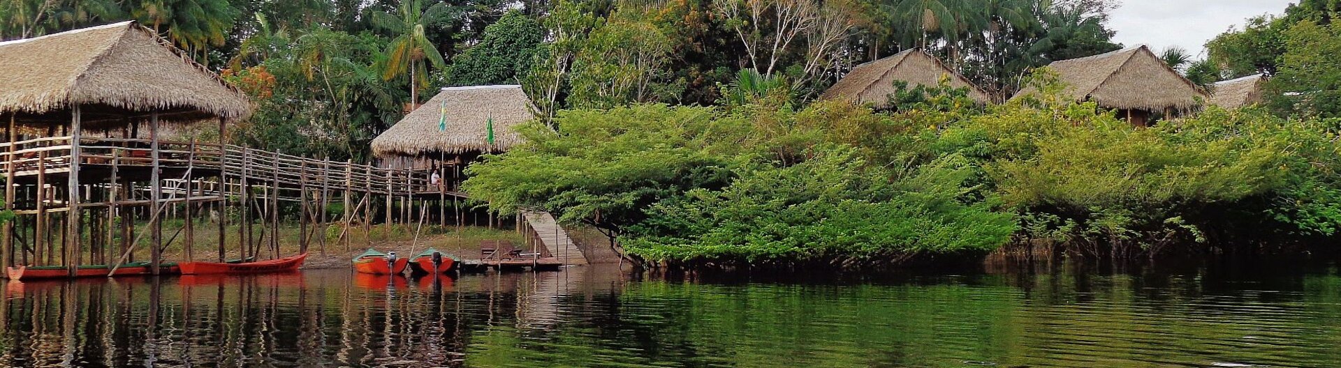 Blick auf die überdachte Aussichtsplattform des Tariri Lodge im Amazonas, Brasilien, umgeben von üppigem Grün und Wasserwegen, ideal für die Beobachtung der Natur.