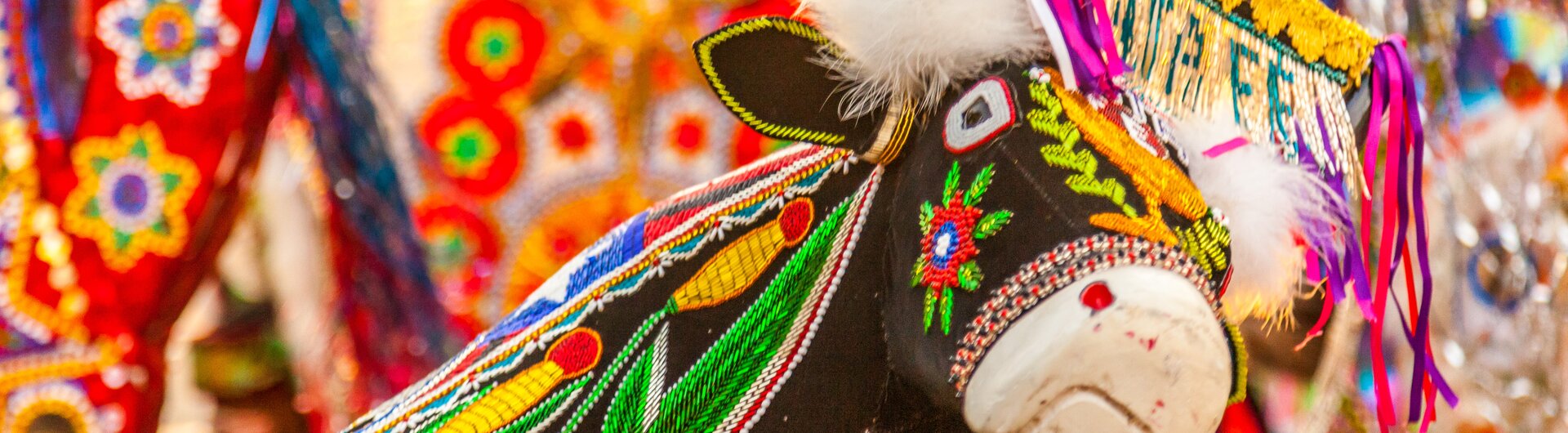 Nahaufnahme einer bunt bestickten Ochsenfigur beim Bumba-meu-boi-Festival in São Luís, Brasilien.