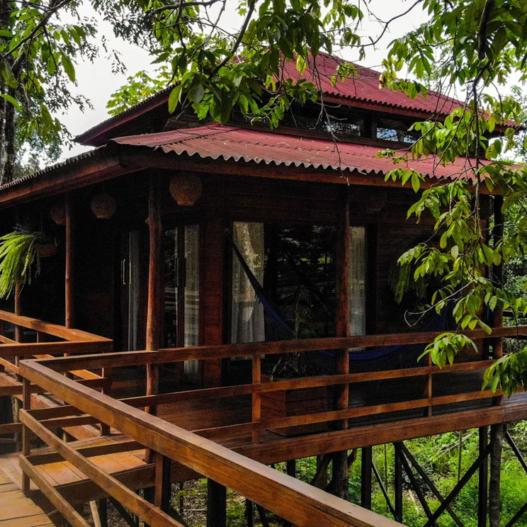Holzhütte auf Stelzen in der Manati Lodge im Amazonas, Brasilien, umgeben von üppigem Grün und mit Verbindungswegen.