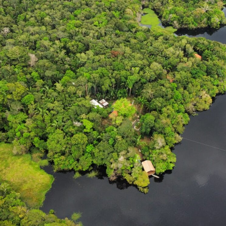Luftaufnahme der Amazon Premium Lodge im Amazonas, Brasilien, mit Blick auf das grüne Gelände und den umgebenden Fluss.