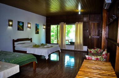 Superior-Bungalow der Turtle Lodge mit Twinbetten und teilweise hölzernen, teilweise weißen Wänden mit Bildern. Durch das Fenster blickt man auf die Terrasse